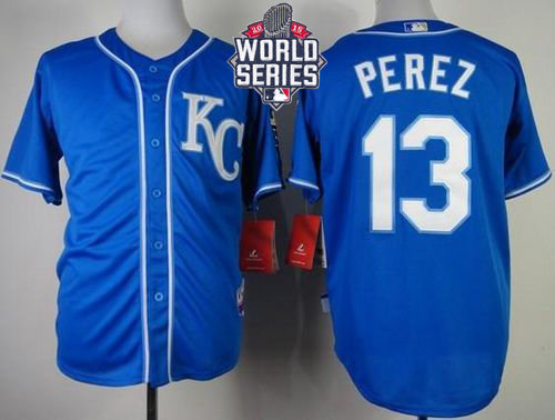Kansas City Royals 13 Salvador Perez Blue Alternate Cool Base 2015 World Series Patch MLB Jersey