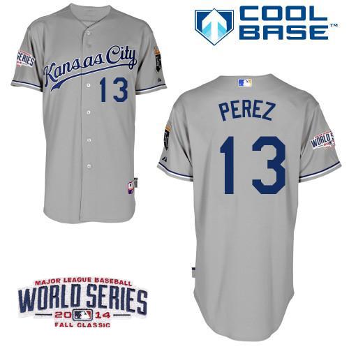 Kansas City Royals 13 Salvador Perez Grey 2014 World Series Patch Stitched MLB Baseball Jersey