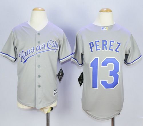 Kansas City Royals 13 Salvador Perez Grey Cool Base Youth MLB Jersey