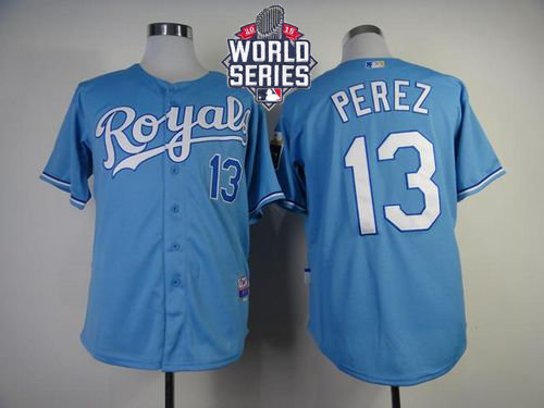 Kansas City Royals 13 Salvador Perez Light Blue Cool Base 2015 World Series Patch MLB Jersey