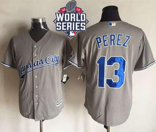Kansas City Royals 13 Salvador Perez New Grey Cool Base 2015 World Series Patch MLB Jersey