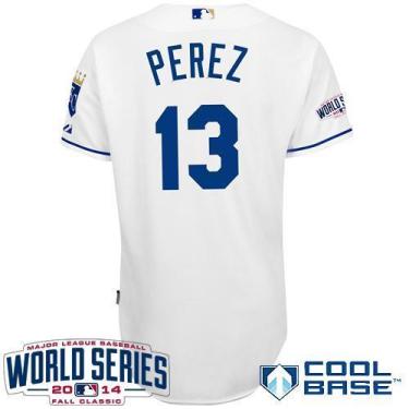 Kansas City Royals 13 Salvador Perez White 2014 World Series Patch Stitched MLB Baseball Jersey
