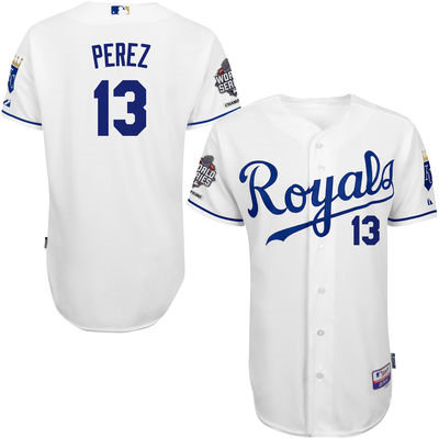 Kansas City Royals 13 Salvador Perez White Cool Base 2015 World Series Champions Patch MLB Jersey