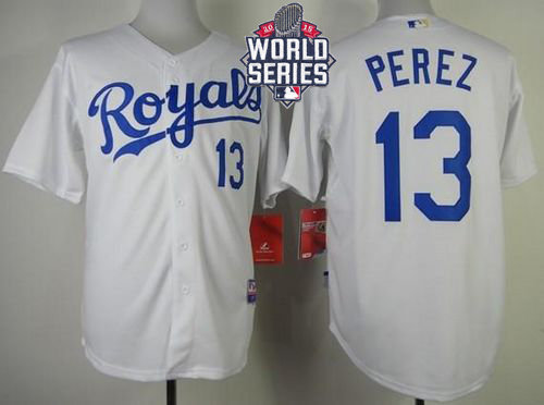 Kansas City Royals 13 Salvador Perez White Cool Base 2015 World Series Patch MLB Jersey
