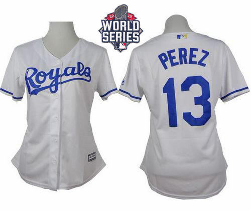 Kansas City Royals 13 Salvador Perez White Home 2015 World Series Patch Women MLB Jersey