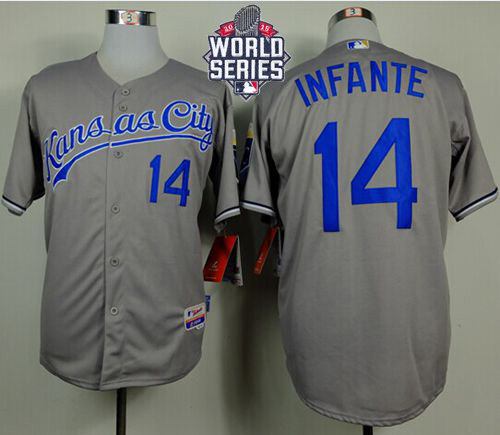 Kansas City Royals 14 Omar Infante Grey Cool Base 2015 World Series Patch MLB Jersey