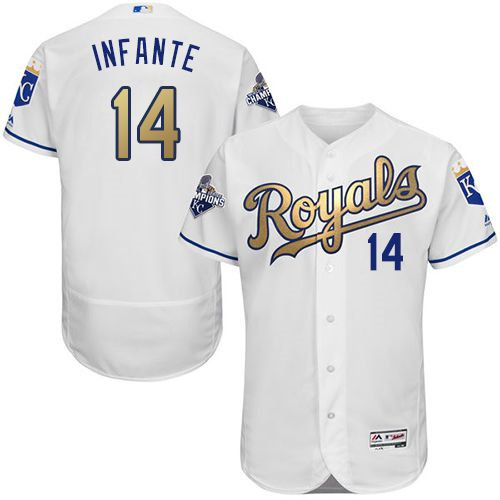Kansas City Royals 14 Omar Infante White 2015 World Series Champions Gold Program FlexBase Authentic MLB Jersey
