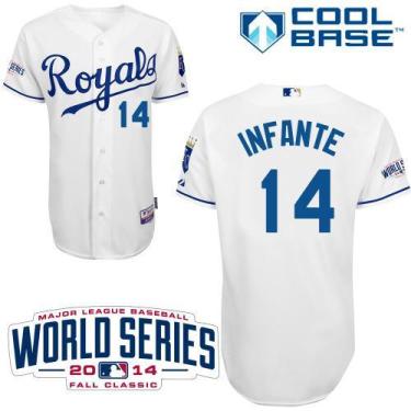 Kansas City Royals 14 Omar Infante White Cool Base Stitched Baseball Jersey 2014 World Series Patch