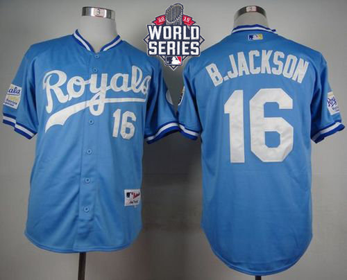 Kansas City Royals 16 Bo Jackson Light Blue 1985 Turn Back The Clock W　2015 World Series Patch MLB Jersey