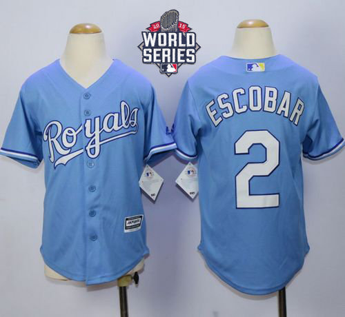 Kansas City Royals 2 Alcides Escobar Light Blue Alternate 1 Cool Base 2015 World Series Patch Kid MLB Jersey