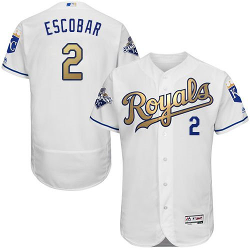 Kansas City Royals 2 Alcides Escobar White 2015 World Series Champions Gold Program FlexBase Authentic MLB Jersey