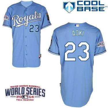 Kansas City Royals 23 Nori Aoki Light Blue 2014 World Series Patch Stitched MLB Baseball Jersey