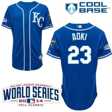 Kansas City Royals 23 Norichika Aoki Blue Cool Base Stitched Baseball Jersey 2014 World Series Patch