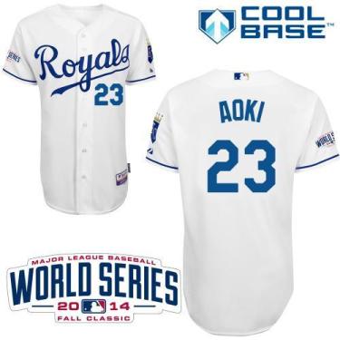 Kansas City Royals 23 Norichika Aoki White Cool Base Stitched Baseball Jersey 2014 World Series Patch