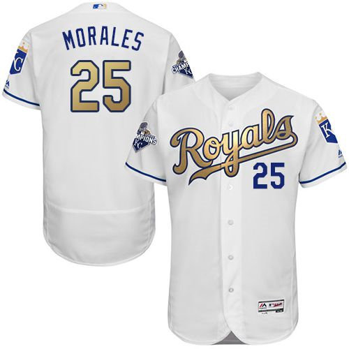 Kansas City Royals 25 Kendrys Morales White 2015 World Series Champions Gold Program FlexBase Authentic MLB Jersey