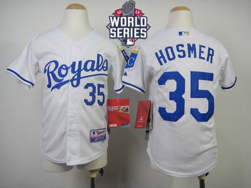 Kansas City Royals 35 Eric Hosmer White Cool Base 2015 World Series Patch Kid MLB Jersey
