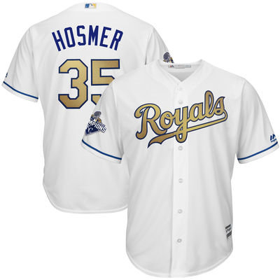 Kansas City Royals 35 Eric Hosmer White World Series Champions Gold Program Cool Base MLB Jersey