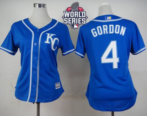 Kansas City Royals 4 Alex Gordon Blue Alternate 2015 World Series Patch Women MLB Jersey