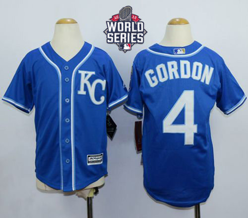 Kansas City Royals 4 Alex Gordon Blue Cool Base 2015 World Series Patch Kid MLB Jersey