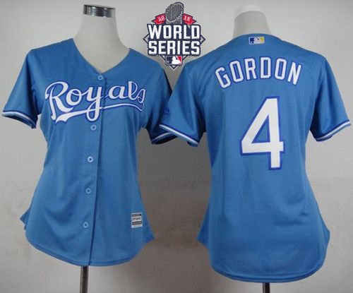 Kansas City Royals 4 Alex Gordon Light Blue Alternate 2015 World Series Patch Women MLB Jersey