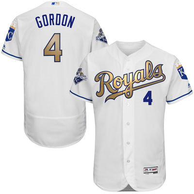 Kansas City Royals 4 Alex Gordon White World Series Champions Gold Program FlexBase MLB Jersey