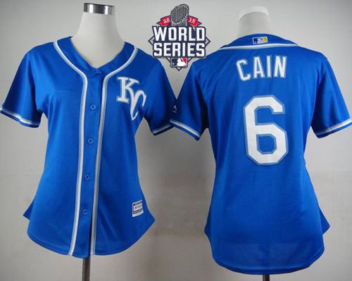 Kansas City Royals 6 Lorenzo Cain Blue Alternate 2015 World Series Patch Women MLB Jersey