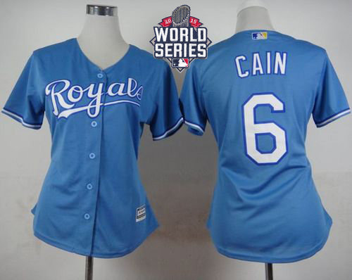 Kansas City Royals 6 Lorenzo Cain Light Blue Alternate 2015 World Series Patch Women MLB Jersey