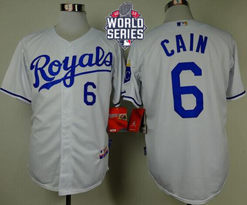 Kansas City Royals 6 Lorenzo Cain White Cool Base 2015 World Series Patch MLB Jersey