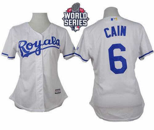 Kansas City Royals 6 Lorenzo Cain White Home 2015 World Series Patch Women MLB Jersey