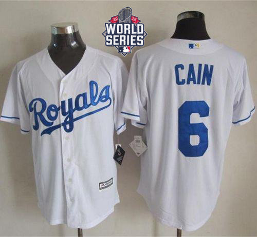 Kansas City Royals 6 Lorenzo Cain White New Cool Base 2015 World Series Patch MLB Jersey