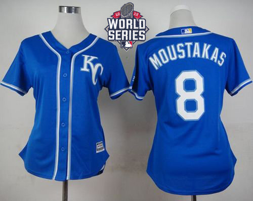 Kansas City Royals 8 Mike Moustakas Blue Alternate 2015 World Series Patch Women MLB Jersey