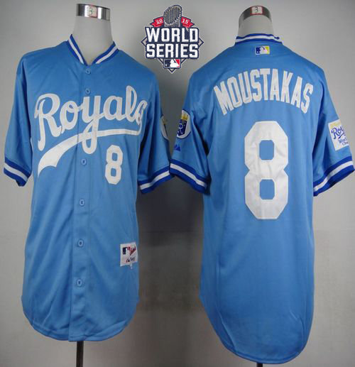 Kansas City Royals 8 Mike Moustakas Light Blue 1985 Turn Back The Clock W　2015 World Series Patch MLB Jersey
