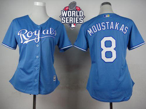 Kansas City Royals 8 Mike Moustakas Light Blue Alternate 2015 World Series Patch Women MLB Jersey