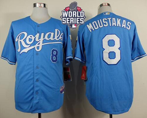 Kansas City Royals 8 Mike Moustakas Light Blue Alternate Cool Base 2015 World Series Patch MLB Jersey