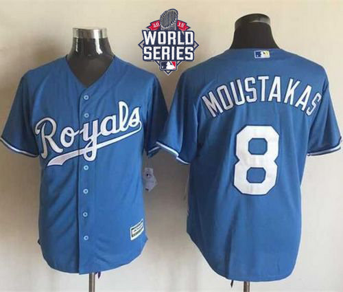 Kansas City Royals 8 Mike Moustakas Light Blue Alternate New Cool Base 2015 World Series Patch MLB Jersey