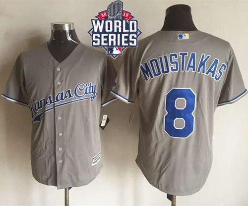 Kansas City Royals 8 Mike Moustakas New Grey Cool Base 2015 World Series Patch MLB Jersey