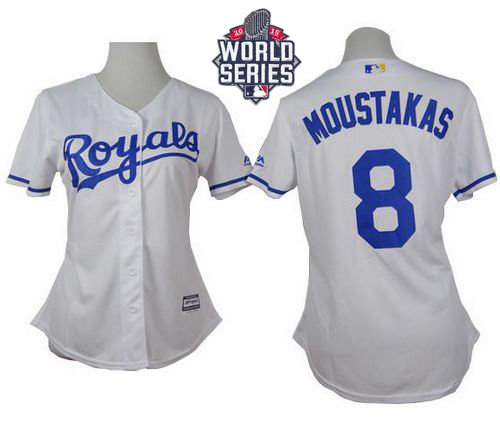 Kansas City Royals 8 Mike Moustakas White Home 2015 World Series Patch Women MLB Jersey