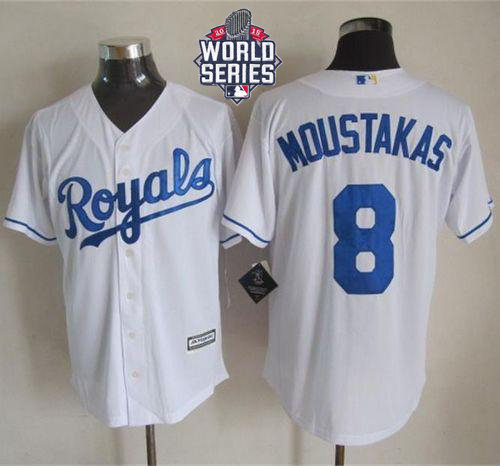 Kansas City Royals 8 Mike Moustakas White New Cool Base 2015 World Series Patch MLB Jersey