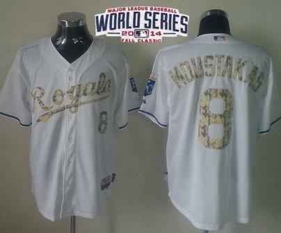 Kansas City Royals 8 Mike Moustakas White USMC 2014 World Series Patch Stitched MLB Baseball Jersey