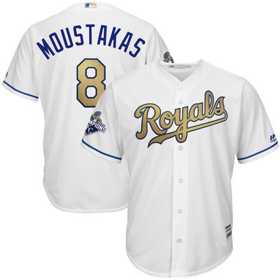 Kansas City Royals 8 Mike Moustakas White World Series Champions Gold Program Cool Base MLB Jersey