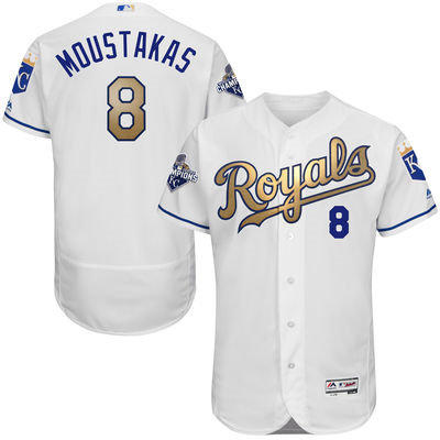 Kansas City Royals 8 Mike Moustakas White World Series Champions Gold Program FlexBase MLB Jersey
