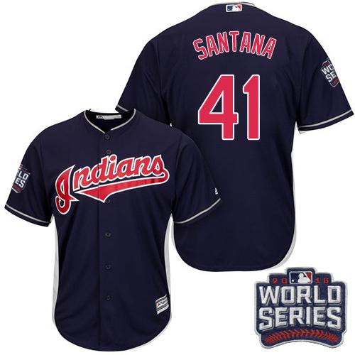 Kid Cleveland Indians 41 Carlos Santana Navy Blue Alternate 2016 World Series Bound MLB Jersey