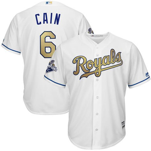 Kid Kansas City Royals 6 Lorenzo Cain White 2015 World Series Champions Gold Program Cool Base MLB Jersey