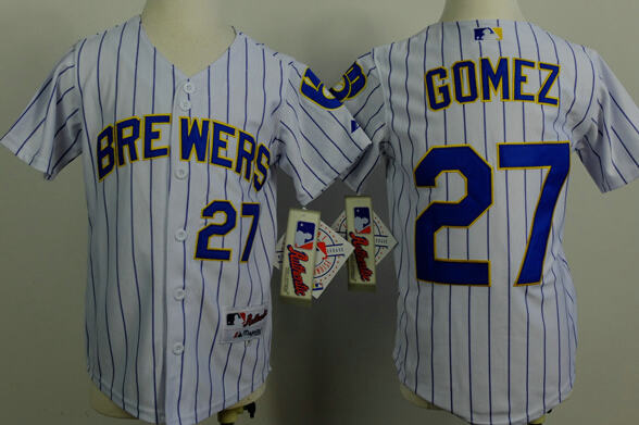 Kid Milwaukee Brewers 27 Carlos Gomez White Pinstripe Jerseys