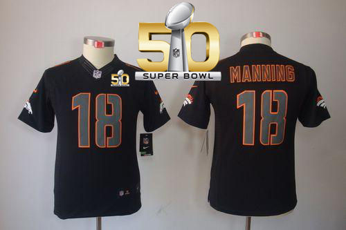 Kid Nike Broncos 18 Peyton Manning Black Impact Super Bowl 50 NFL Limited Jersey