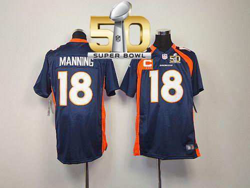 Kid Nike Broncos 18 Peyton Manning Blue Alternate With C Patch Super Bowl 50 NFL Jersey