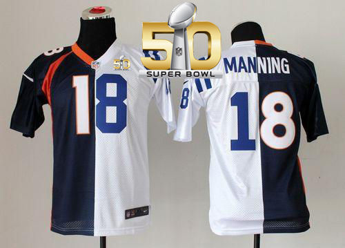 Kid Nike Broncos 18 Peyton Manning Blue White Super Bowl 50 NFL Split Colts Jersey