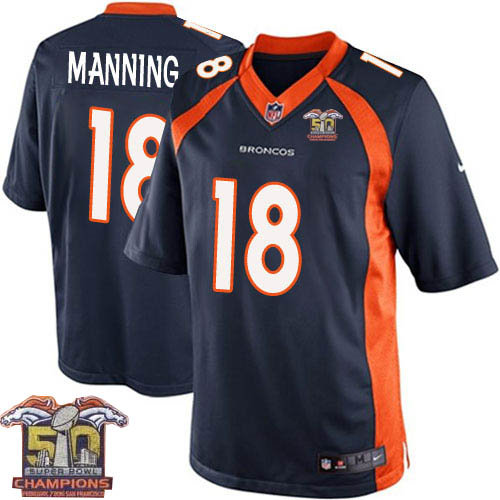 Kid Nike Broncos 18 Peyton Manning Navy Blue NFL Alternate Super Bowl 50 Champions Jersey