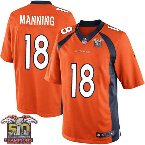 Kid Nike Broncos 18 Peyton Manning Orange NFL Home Super Bowl 50 Champions Jersey