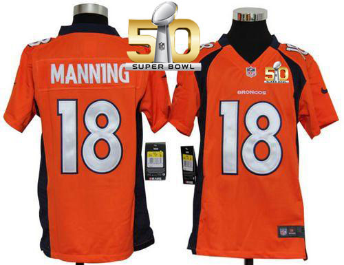 Kid Nike Broncos 18 Peyton Manning Orange Team Color Super Bowl 50 NFL Jersey
